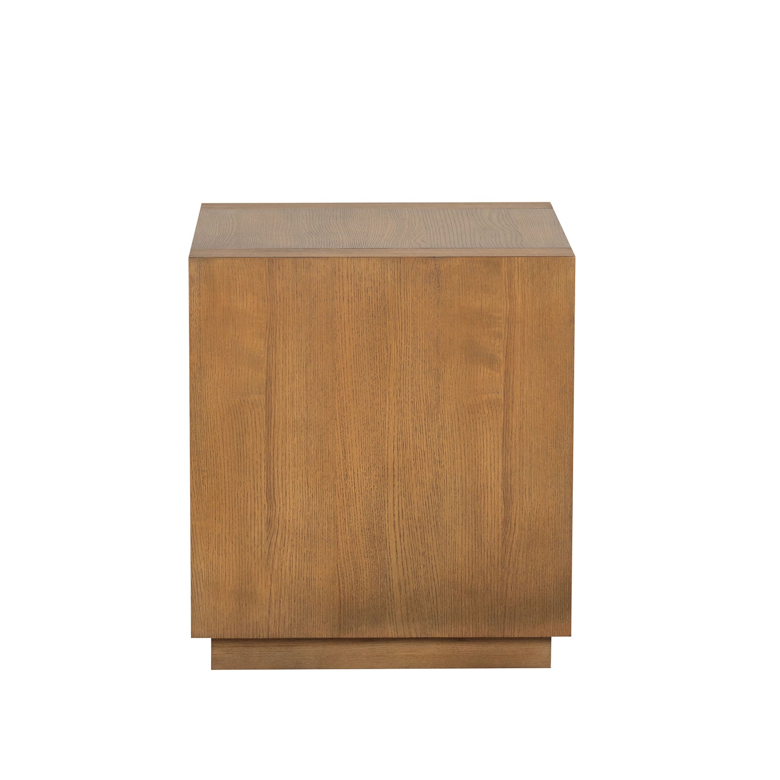 Square End Table Plinth Base Open Bottom shelf Contemporary Medium Oak Finish Primary Living Room End Table