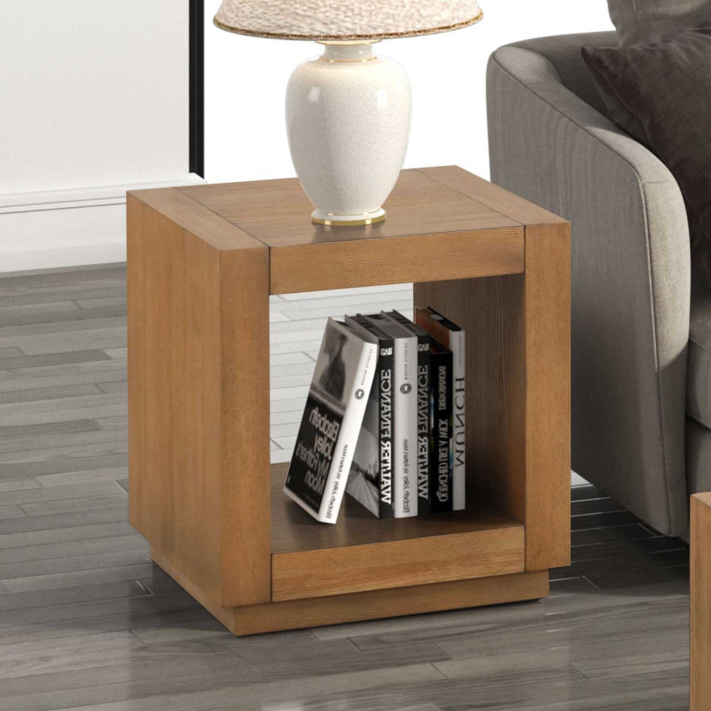 Square End Table Plinth Base Open Bottom shelf Contemporary Medium Oak Finish Primary Living Room End Table