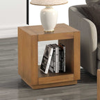 Square End Table Plinth Base Open Bottom shelf Contemporary Medium Oak Finish Primary Living Room End Table