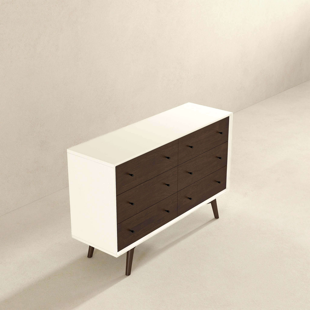 Mid Century Modern White Dresser 6 Drawer in Solid Wood, Dark Brown and White for Bedroom, Hallway, Entryway, Closet Dresser