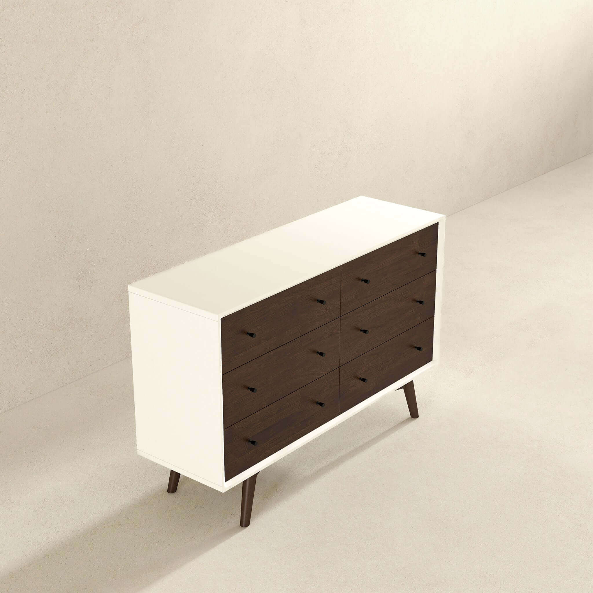 Mid Century Modern White Dresser 6 Drawer in Solid Wood, Dark Brown and White for Bedroom, Hallway, Entryway, Closet Dresser