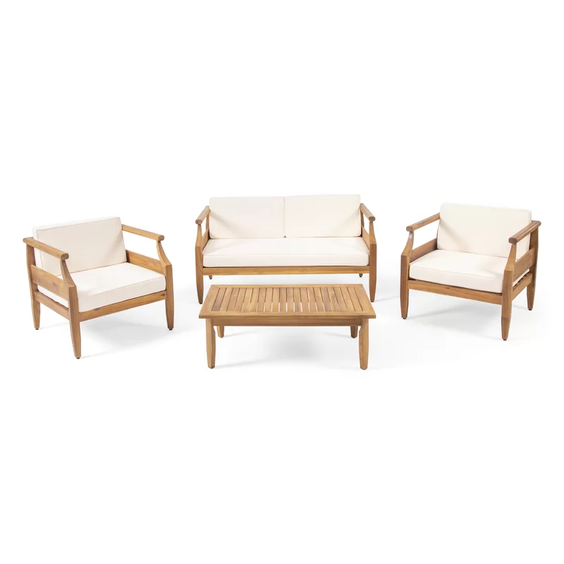 Aston Outdoor Mid-Century Modern Cushioned Acacia 4-seat Chat Set Loveseat & Coffee Table & Club Chair - Teak Finish + Cream Cushion - Groovy Boardz