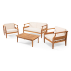 Aston Outdoor Mid-Century Modern Cushioned Acacia 4-seat Chat Set Loveseat & Coffee Table & Club Chair - Teak Finish + Cream Cushion - Groovy Boardz