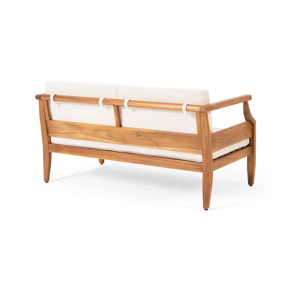 Aston Outdoor Mid-Century Modern Cushioned Acacia 4-seat Chat Set Loveseat & Coffee Table & Club Chair - Teak Finish + Cream Cushion - Groovy Boardz