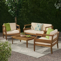 Aston Outdoor Mid-Century Modern Cushioned Acacia 4-seat Chat Set Loveseat & Coffee Table & Club Chair - Teak Finish + Cream Cushion - Groovy Boardz