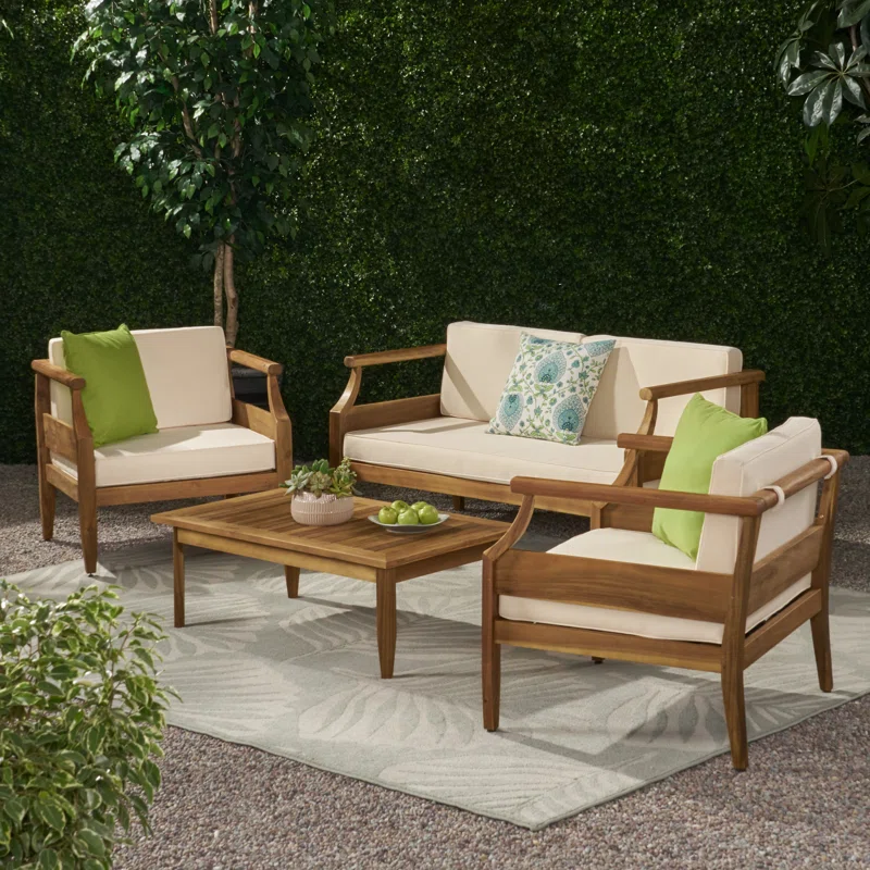 Aston Outdoor Mid-Century Modern Cushioned Acacia 4-seat Chat Set Loveseat & Coffee Table & Club Chair - Teak Finish + Cream Cushion - Groovy Boardz