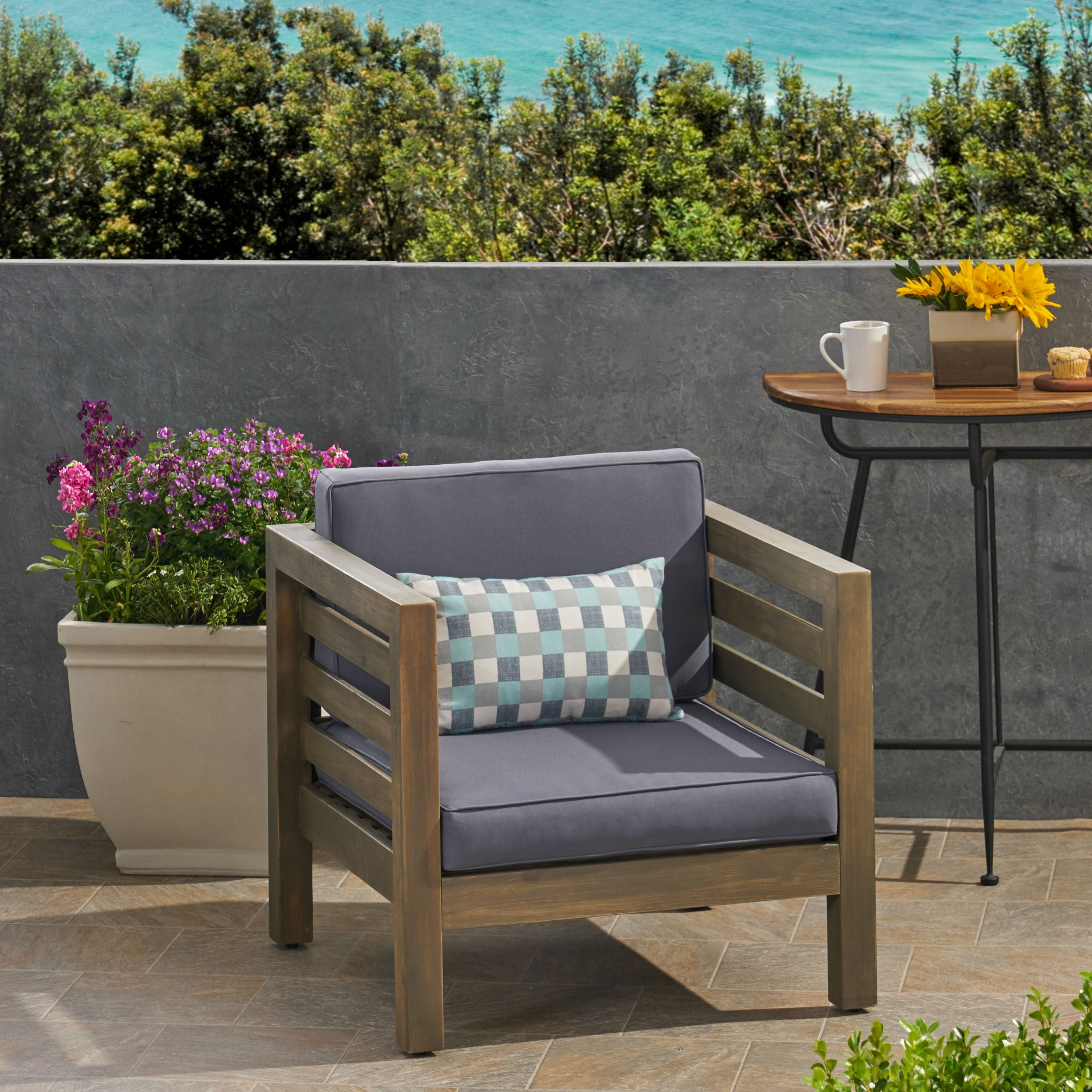 Outdoor Club Chair, Acacia Wood Patio Chair with Fabric Cushion for Backyard, Poolside, Garden or Porch, Grey
