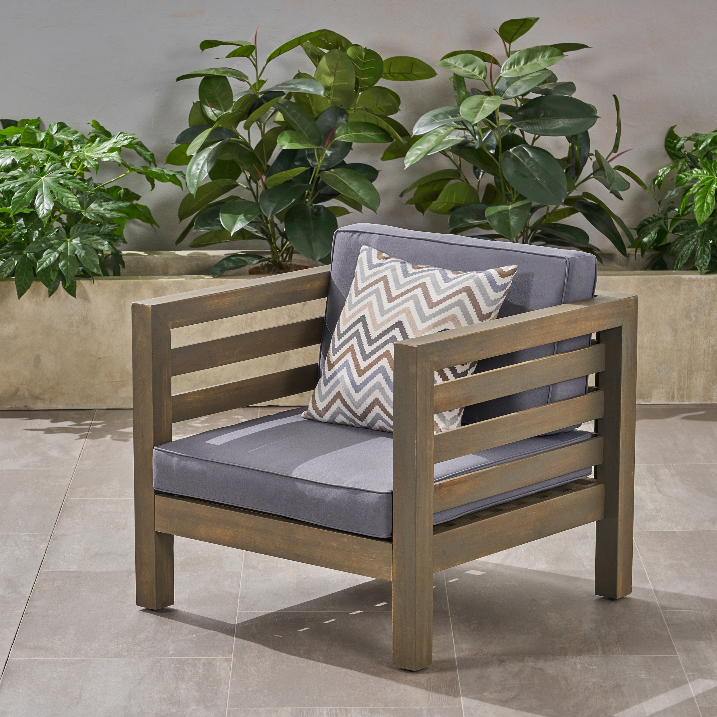 Outdoor Club Chair, Acacia Wood Patio Chair with Fabric Cushion for Backyard, Poolside, Garden or Porch, Grey