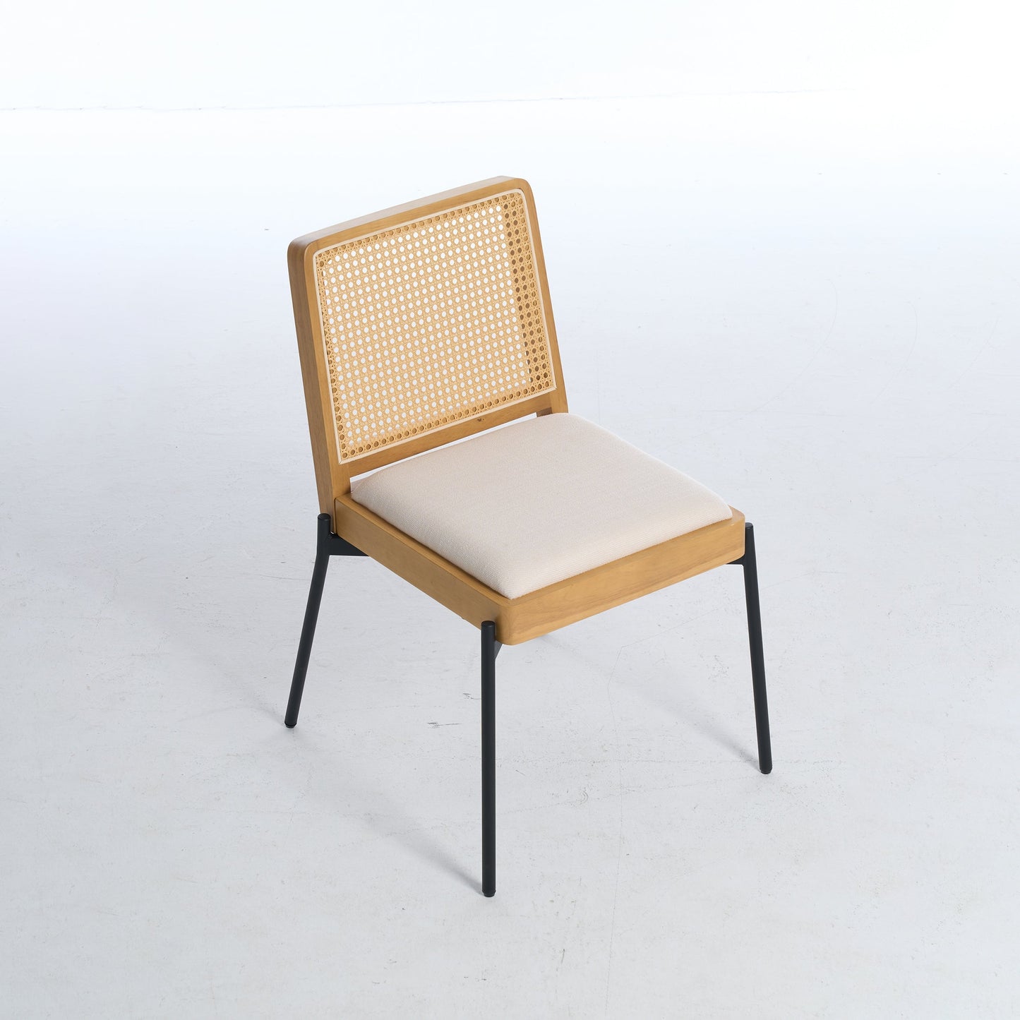 Mid-Century Dining Chairs Set of 2, Accent Linen Fabric Side Chairs with Rattan Backrest Metal Legs Kitchen Chairs for Dining Room Living Room