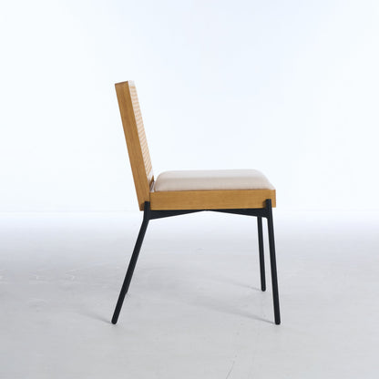 Mid-Century Dining Chairs Set of 2, Accent Linen Fabric Side Chairs with Rattan Backrest Metal Legs Kitchen Chairs for Dining Room Living Room