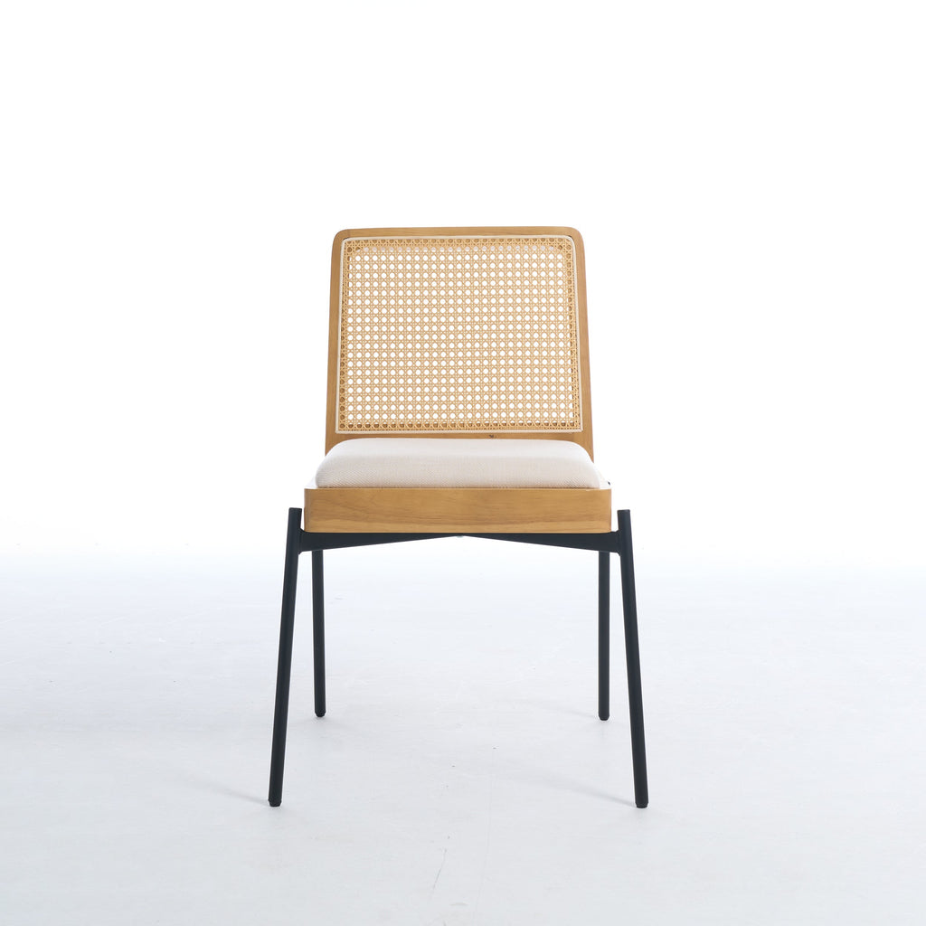 Mid-Century Dining Chairs Set of 2, Accent Linen Fabric Side Chairs with Rattan Backrest Metal Legs Kitchen Chairs for Dining Room Living Room