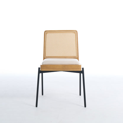 Mid-Century Dining Chairs Set of 2, Accent Linen Fabric Side Chairs with Rattan Backrest Metal Legs Kitchen Chairs for Dining Room Living Room