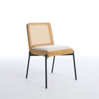 Mid-Century Dining Chairs Set of 2, Accent Linen Fabric Side Chairs with Rattan Backrest Metal Legs Kitchen Chairs for Dining Room Living Room