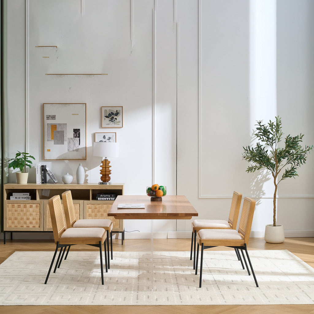 Mid-Century Dining Chairs Set of 2, Accent Linen Fabric Side Chairs with Rattan Backrest Metal Legs Kitchen Chairs for Dining Room Living Room