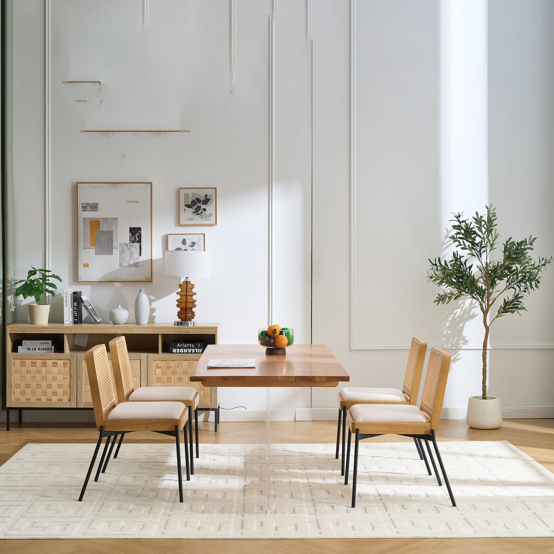 Mid-Century Dining Chairs Set of 2, Accent Linen Fabric Side Chairs with Rattan Backrest Metal Legs Kitchen Chairs for Dining Room Living Room