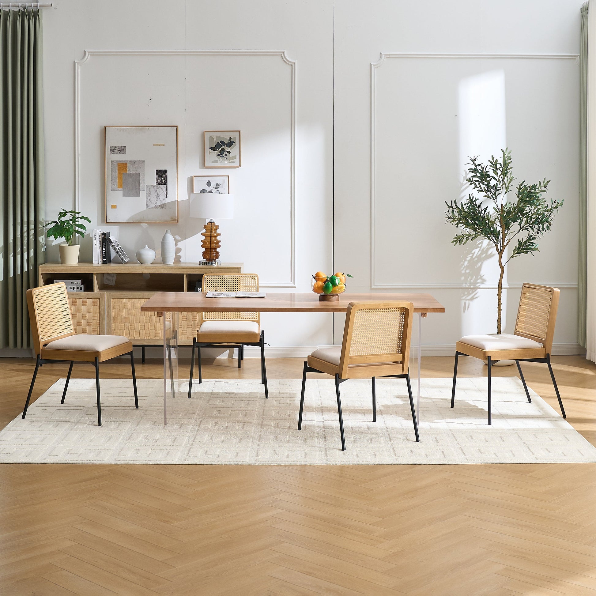 Mid-Century Dining Chairs Set of 2, Accent Linen Fabric Side Chairs with Rattan Backrest Metal Legs Kitchen Chairs for Dining Room Living Room