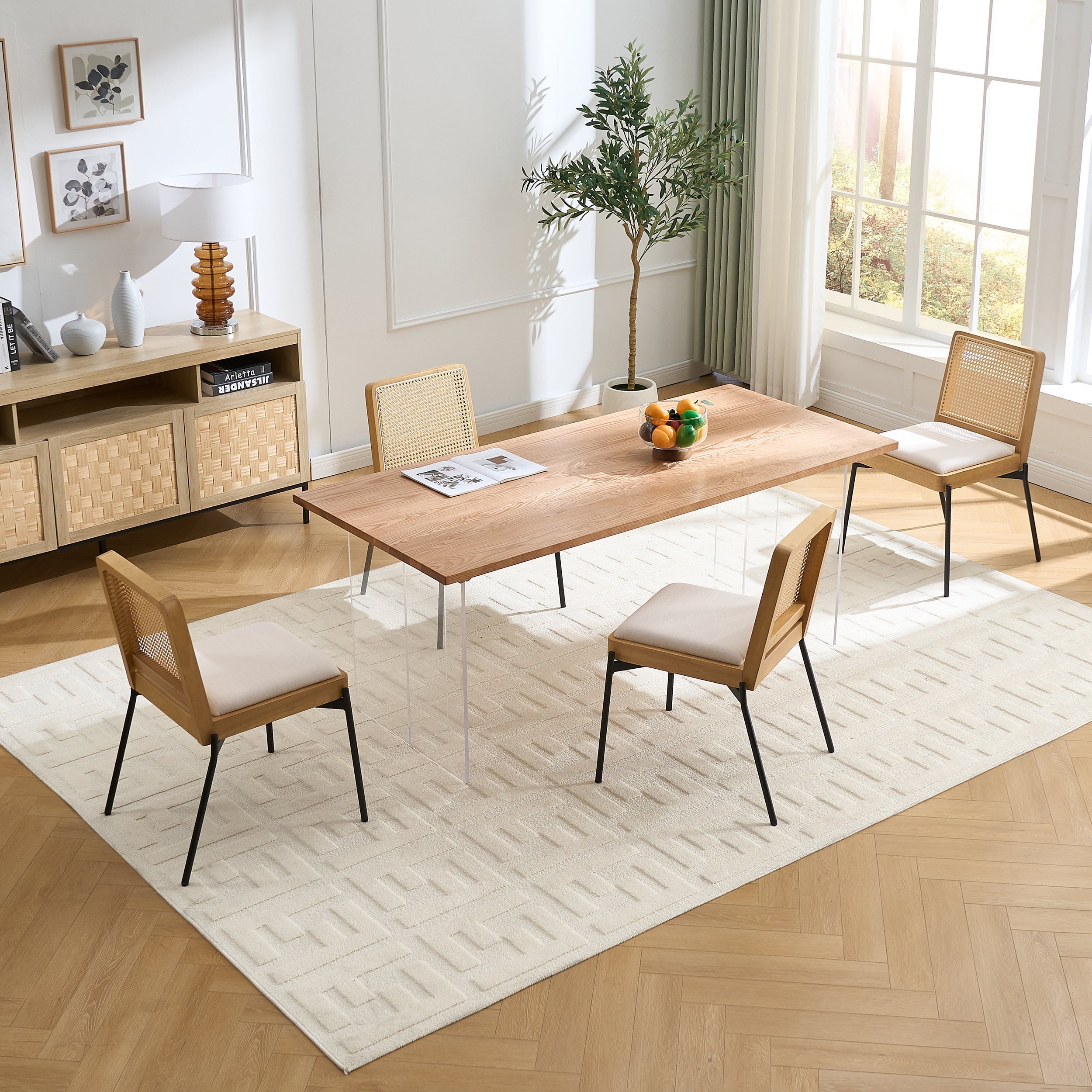 Mid-Century Dining Chairs Set of 2, Accent Linen Fabric Side Chairs with Rattan Backrest Metal Legs Kitchen Chairs for Dining Room Living Room