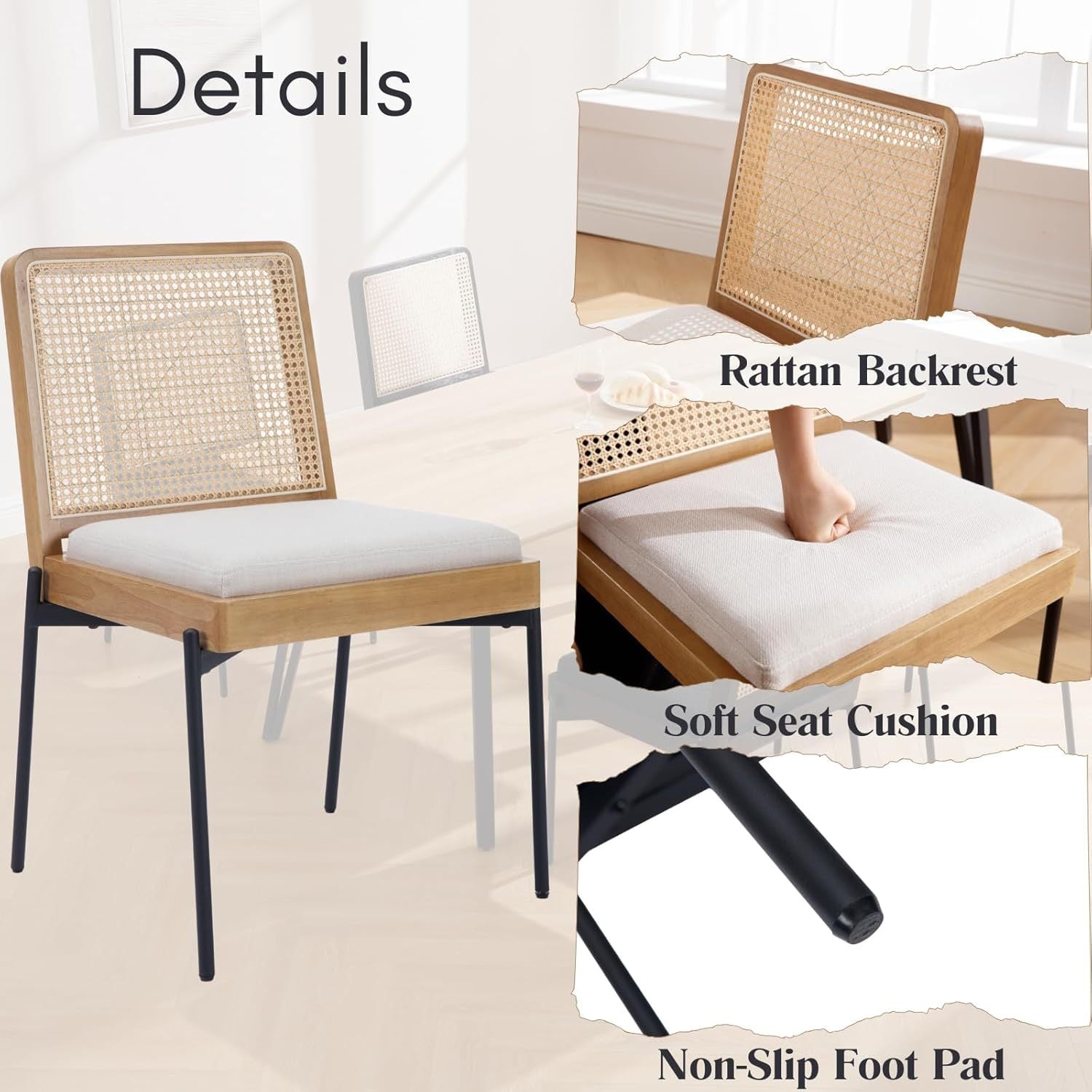 Mid-Century Dining Chairs Set of 2, Accent Linen Fabric Side Chairs with Rattan Backrest Metal Legs Kitchen Chairs for Dining Room Living Room