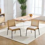 Mid-Century Dining Chairs Set of 2, Accent Linen Fabric Side Chairs with Rattan Backrest Metal Legs Kitchen Chairs for Dining Room Living Room