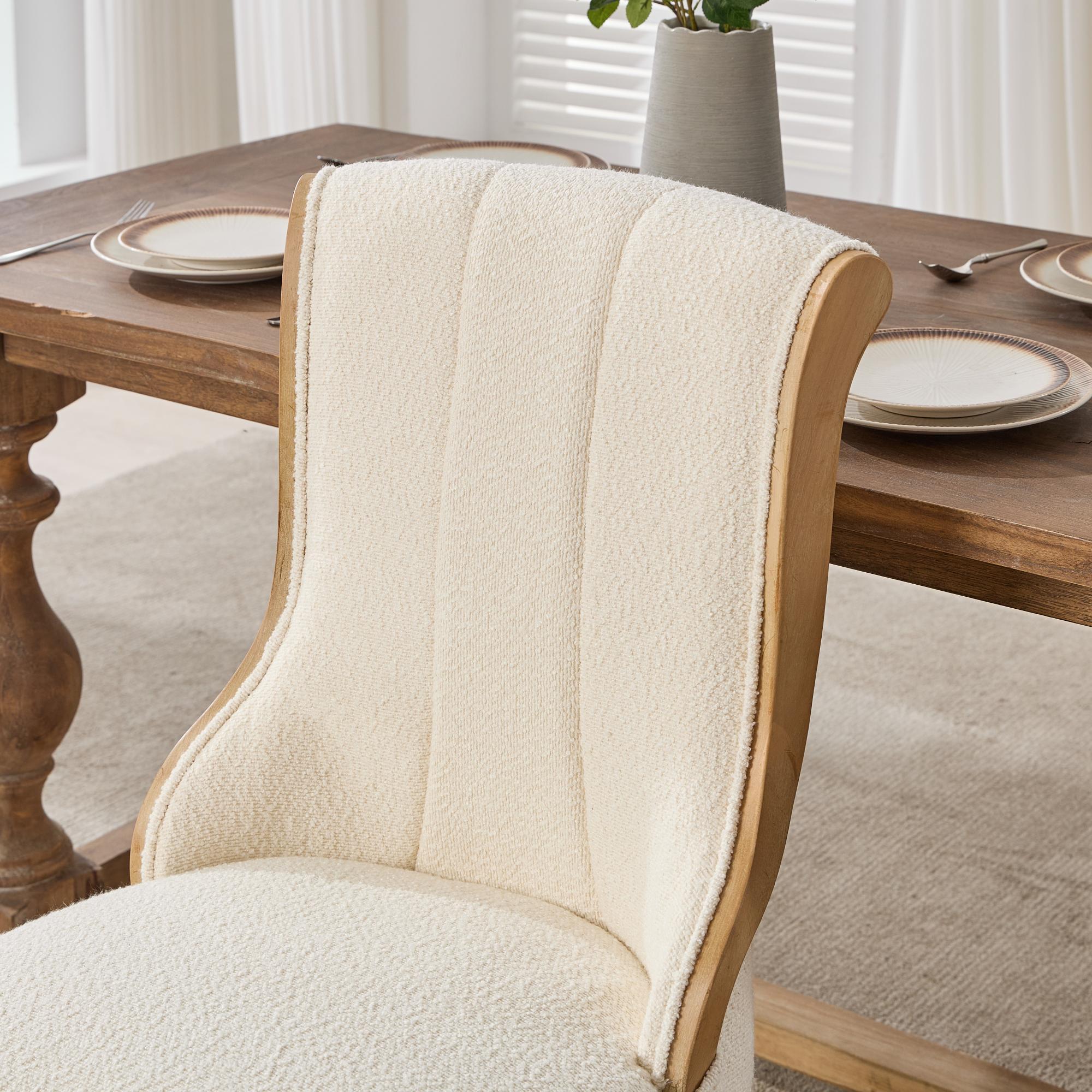 Snow Velvet Dining Chairs, Mid-Century Style with Curved Wood Trim & Sculpted Legs, Upholstered Comfort for Dining/Lounge, Accent Seating with Fluffy Fabric & Sturdy Wood, Set of 2, Beige