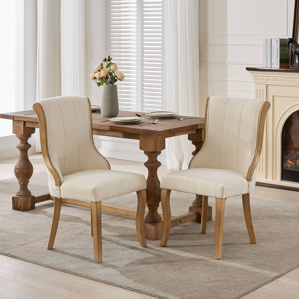 Snow Velvet Dining Chairs, Mid-Century Style with Curved Wood Trim & Sculpted Legs, Upholstered Comfort for Dining/Lounge, Accent Seating with Fluffy Fabric & Sturdy Wood, Set of 2, Beige