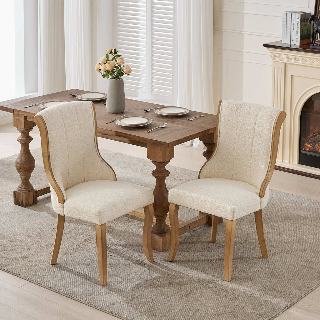 Snow Velvet Dining Chairs, Mid-Century Style with Curved Wood Trim & Sculpted Legs, Upholstered Comfort for Dining/Lounge, Accent Seating with Fluffy Fabric & Sturdy Wood, Set of 2, Beige