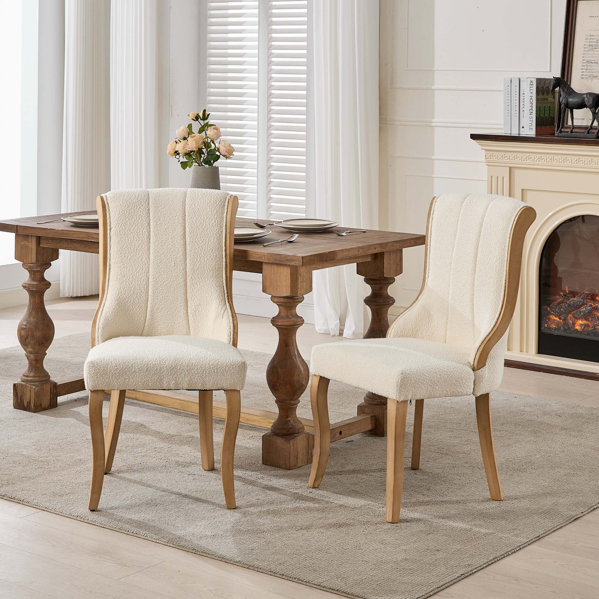 Snow Velvet Dining Chairs, Mid-Century Style with Curved Wood Trim & Sculpted Legs, Upholstered Comfort for Dining/Lounge, Accent Seating with Fluffy Fabric & Sturdy Wood, Set of 2, Beige