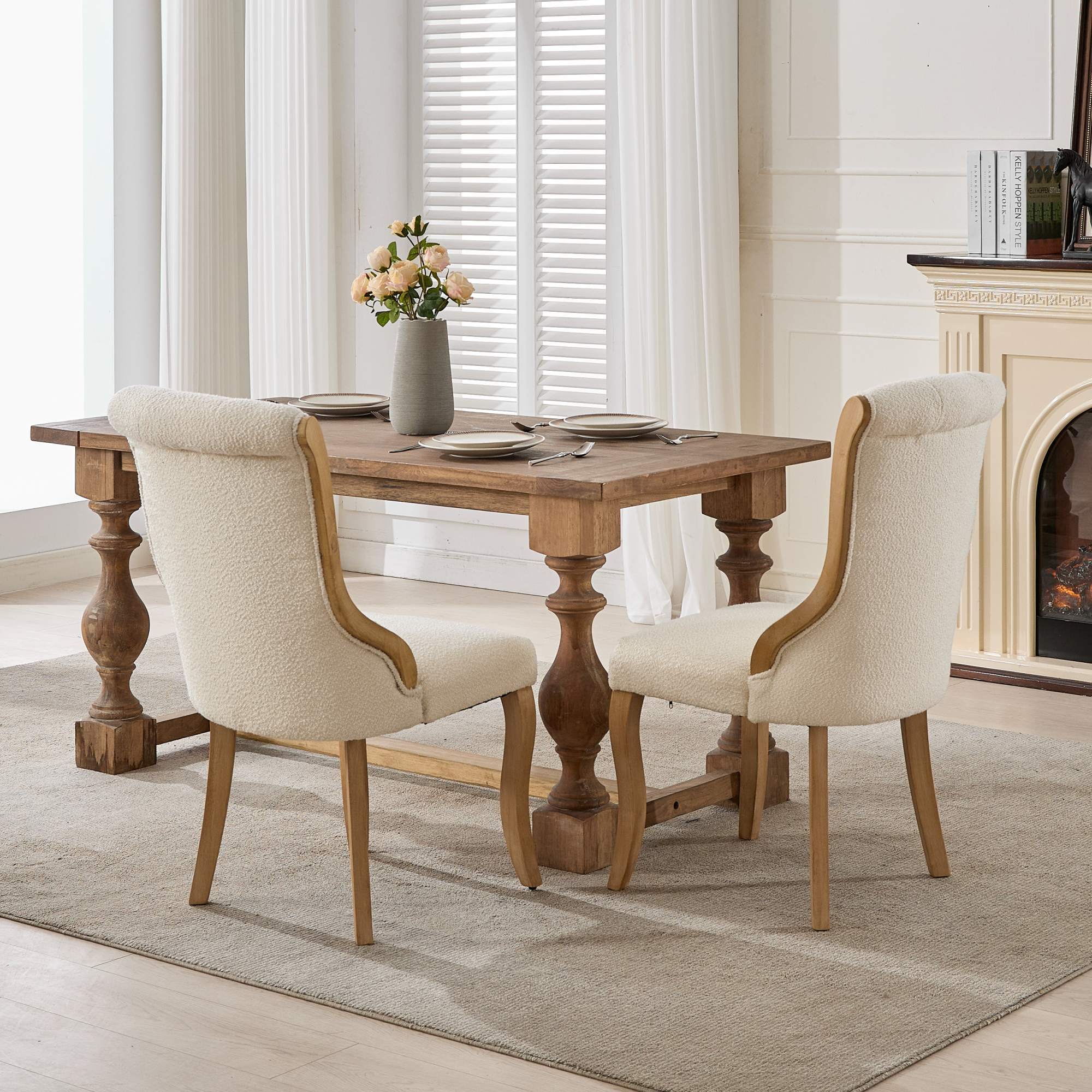 Snow Velvet Dining Chairs, Mid-Century Style with Curved Wood Trim & Sculpted Legs, Upholstered Comfort for Dining/Lounge, Accent Seating with Fluffy Fabric & Sturdy Wood, Set of 2, Beige