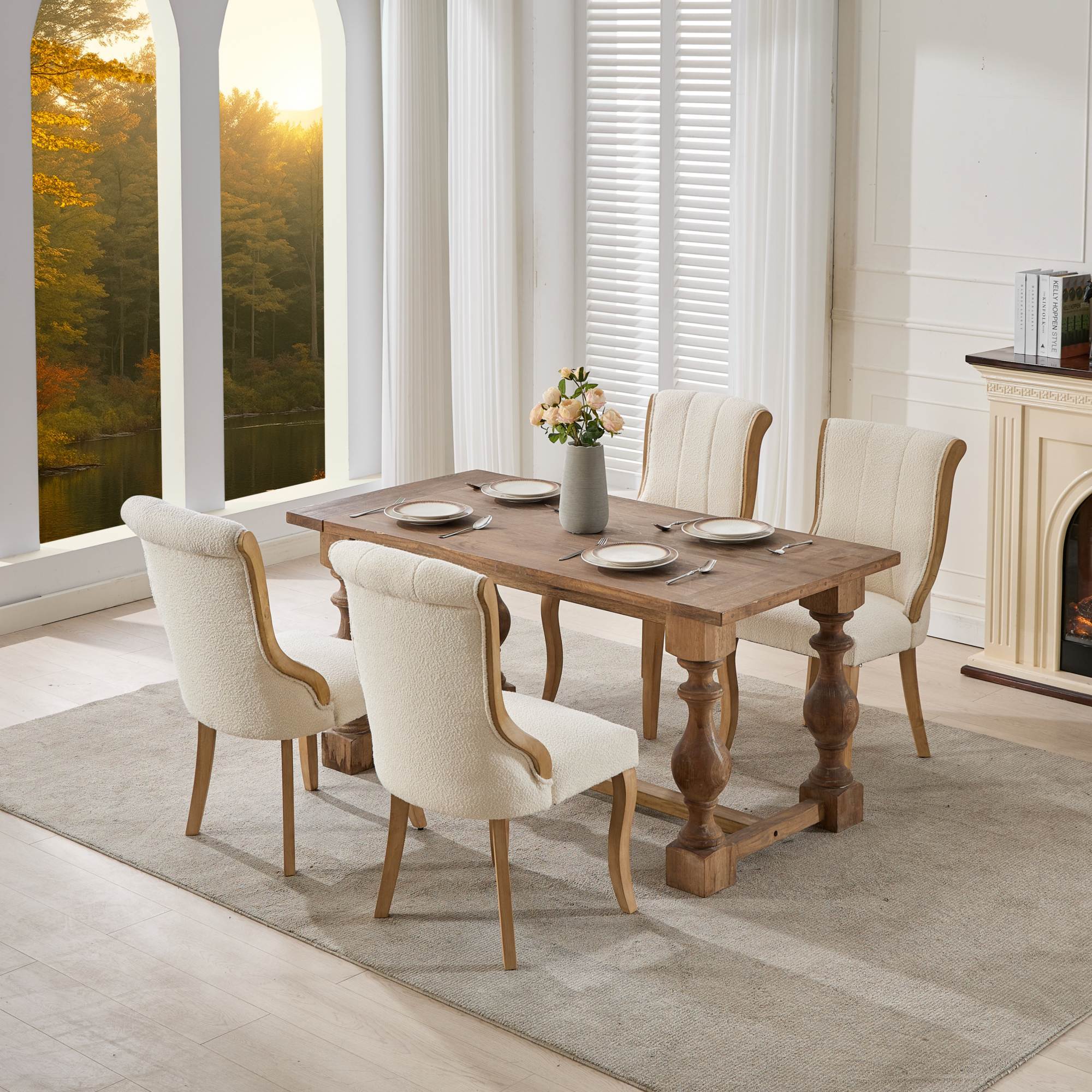 Snow Velvet Dining Chairs, Mid-Century Style with Curved Wood Trim & Sculpted Legs, Upholstered Comfort for Dining/Lounge, Accent Seating with Fluffy Fabric & Sturdy Wood, Set of 2, Beige