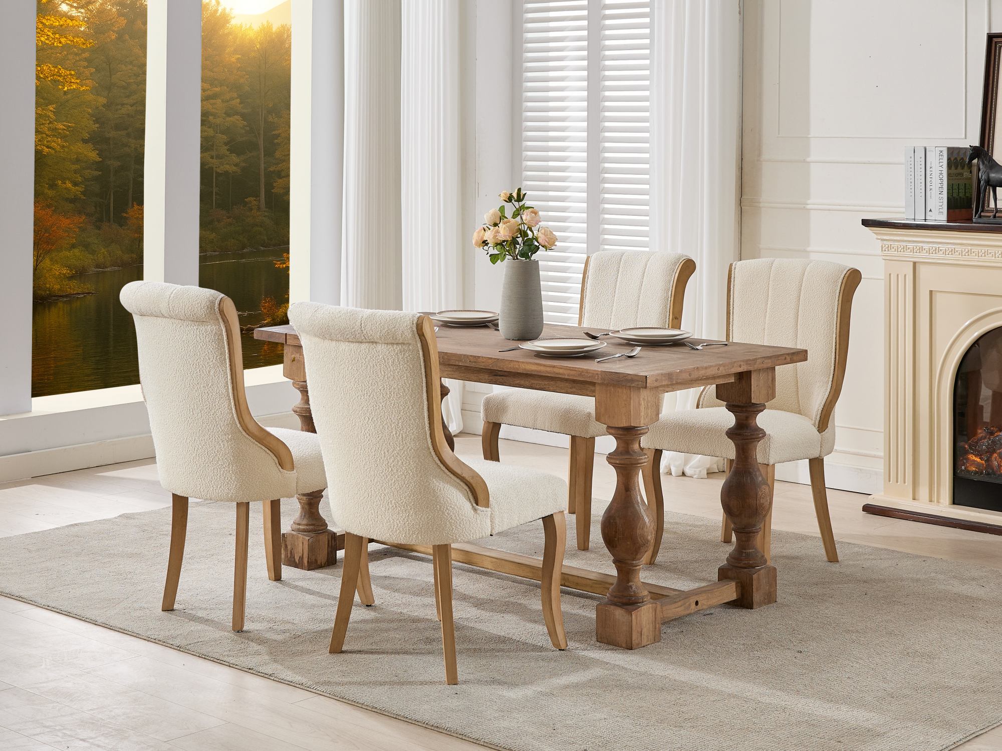 Snow Velvet Dining Chairs, Mid-Century Style with Curved Wood Trim & Sculpted Legs, Upholstered Comfort for Dining/Lounge, Accent Seating with Fluffy Fabric & Sturdy Wood, Set of 2, Beige