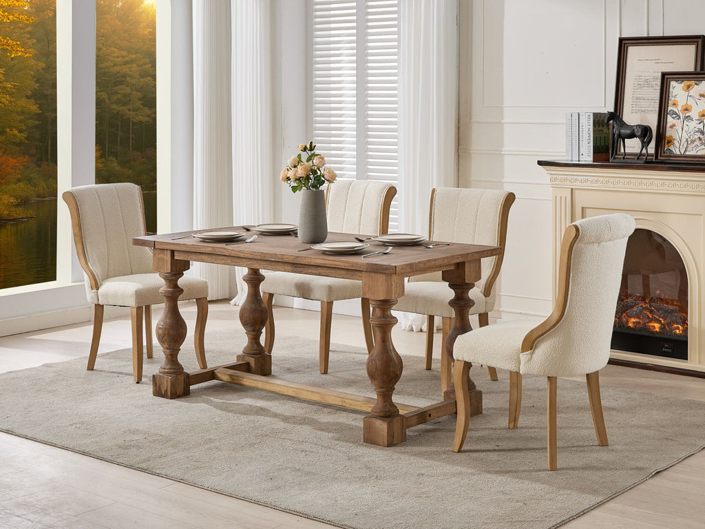 Snow Velvet Dining Chairs, Mid-Century Style with Curved Wood Trim & Sculpted Legs, Upholstered Comfort for Dining/Lounge, Accent Seating with Fluffy Fabric & Sturdy Wood, Set of 2, Beige