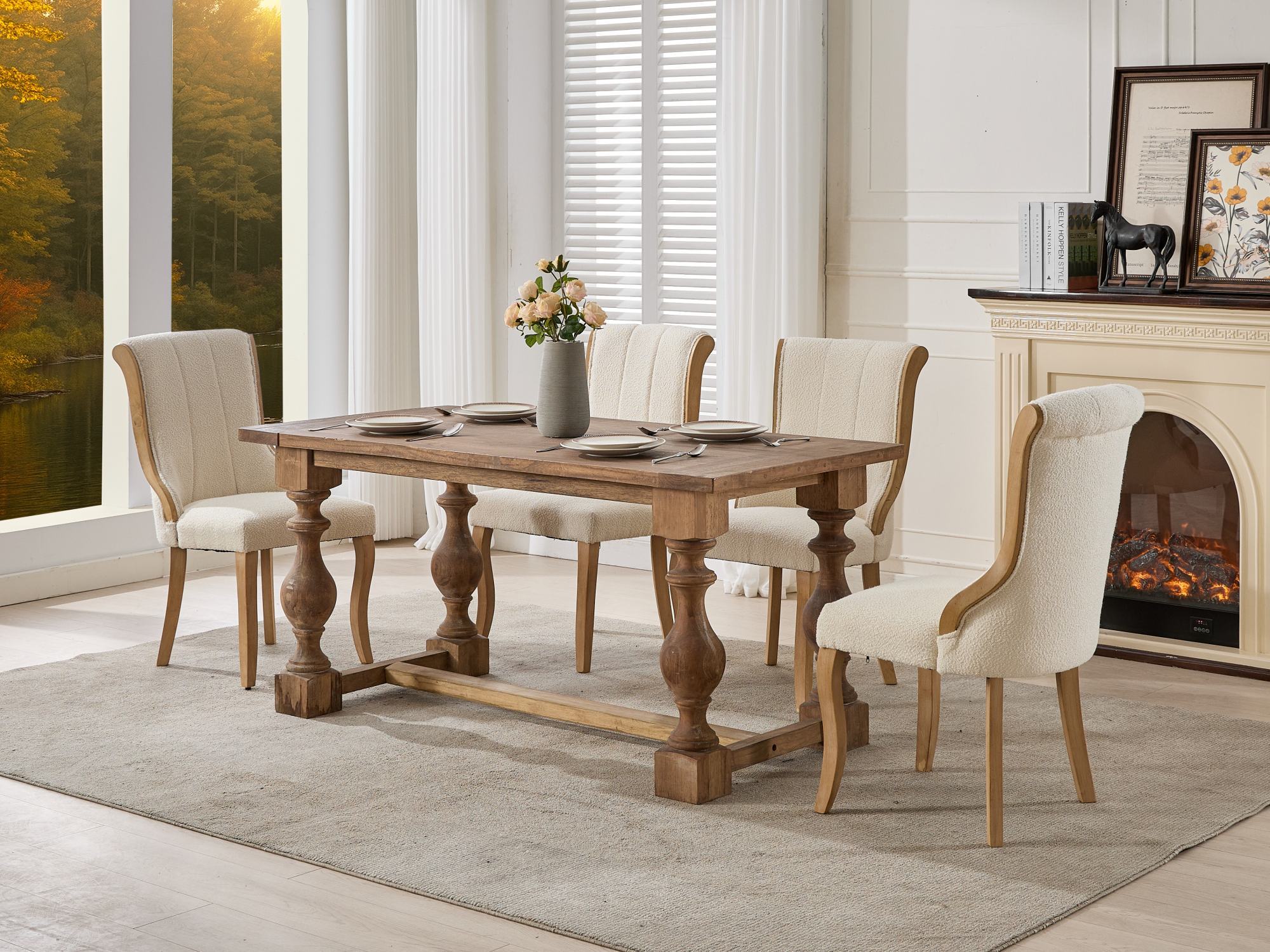 Snow Velvet Dining Chairs, Mid-Century Style with Curved Wood Trim & Sculpted Legs, Upholstered Comfort for Dining/Lounge, Accent Seating with Fluffy Fabric & Sturdy Wood, Set of 2, Beige