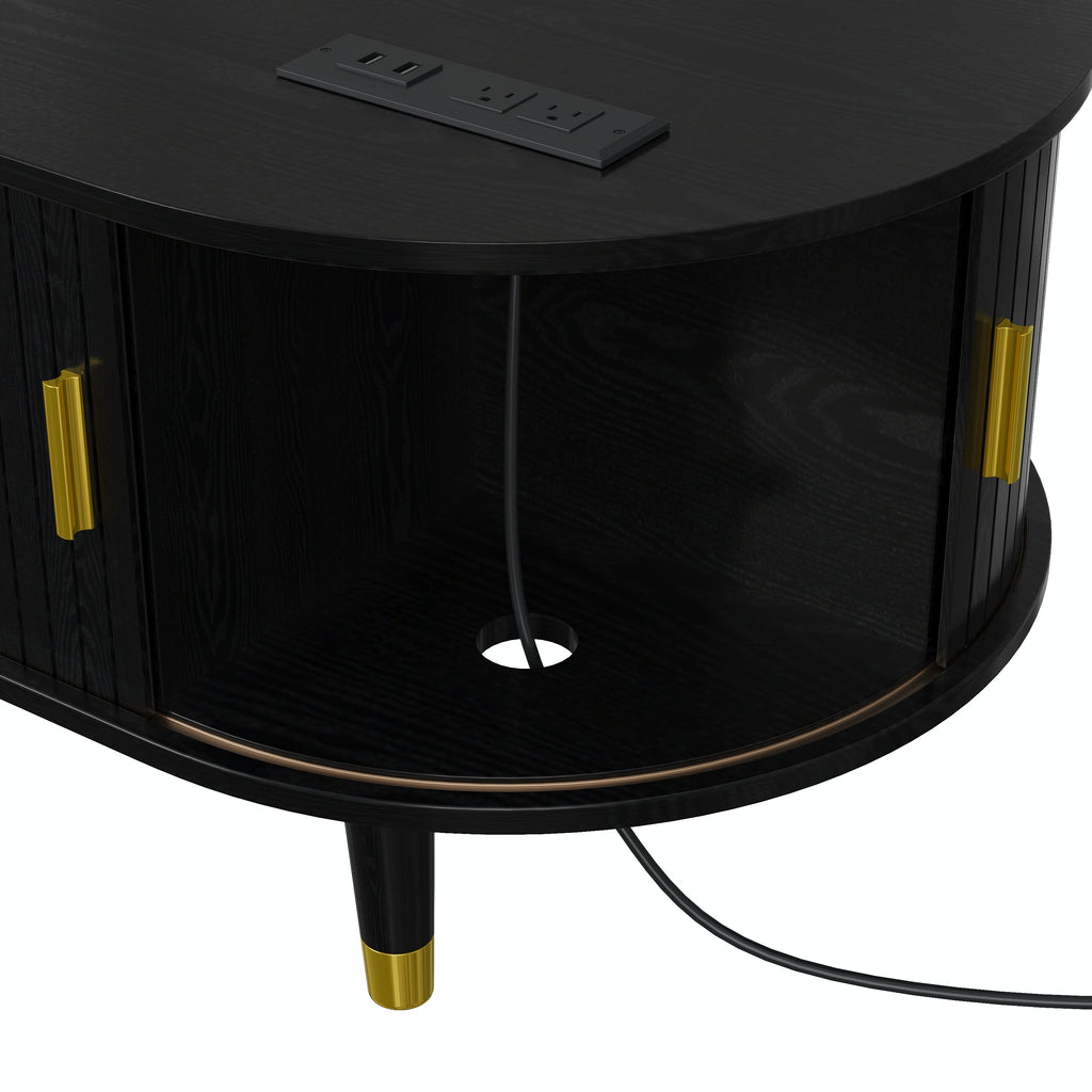 Wooden Farmhouse TV Stand & Coffee Table Set with Charging Station, Oval Fluted Media Console with Sliding Doors for TVs up to 80', Mid-Century Center Table with Solid Wood Legs for Living Room,Black