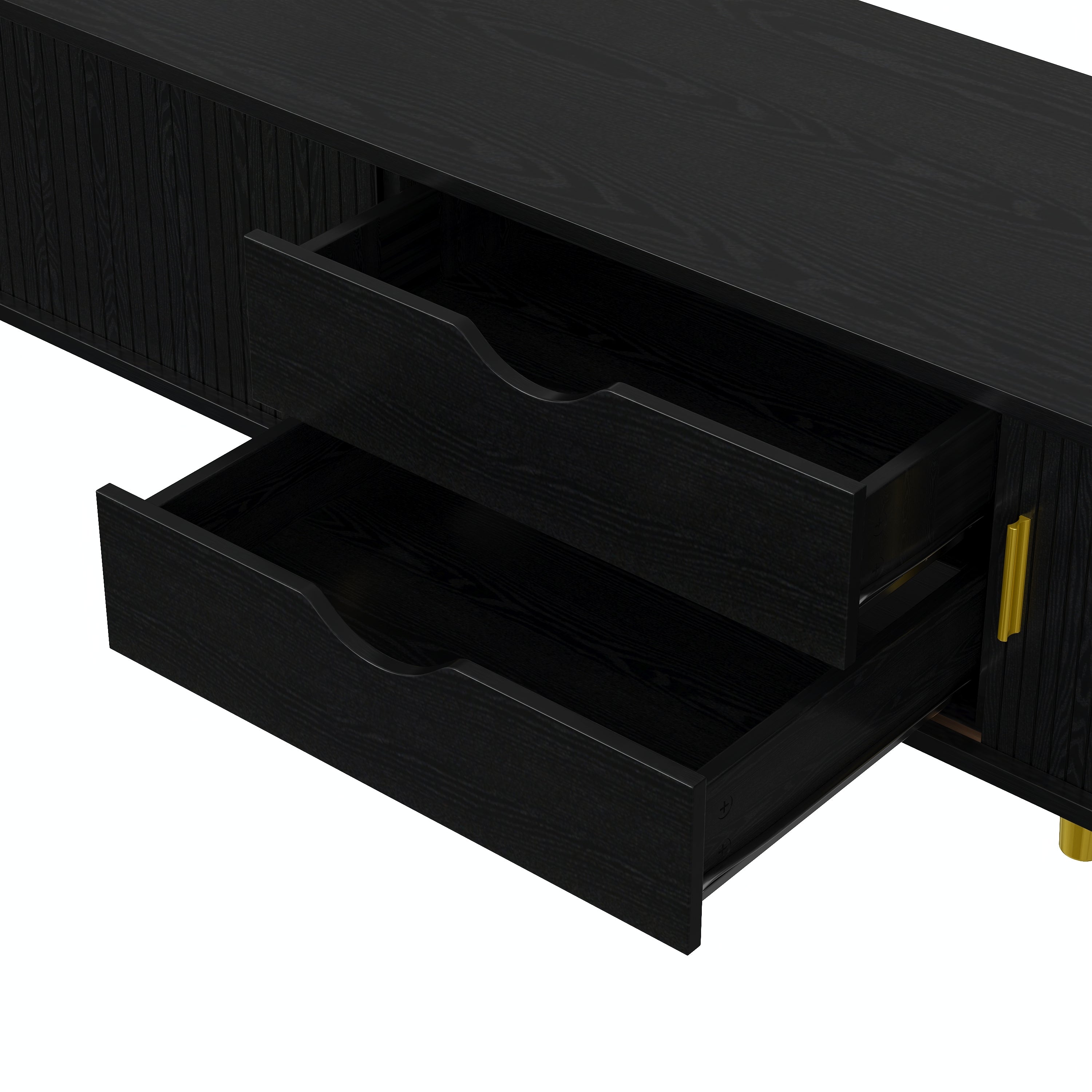 Wooden Farmhouse TV Stand & Coffee Table Set with Charging Station, Oval Fluted Media Console with Sliding Doors for TVs up to 80', Mid-Century Center Table with Solid Wood Legs for Living Room,Black