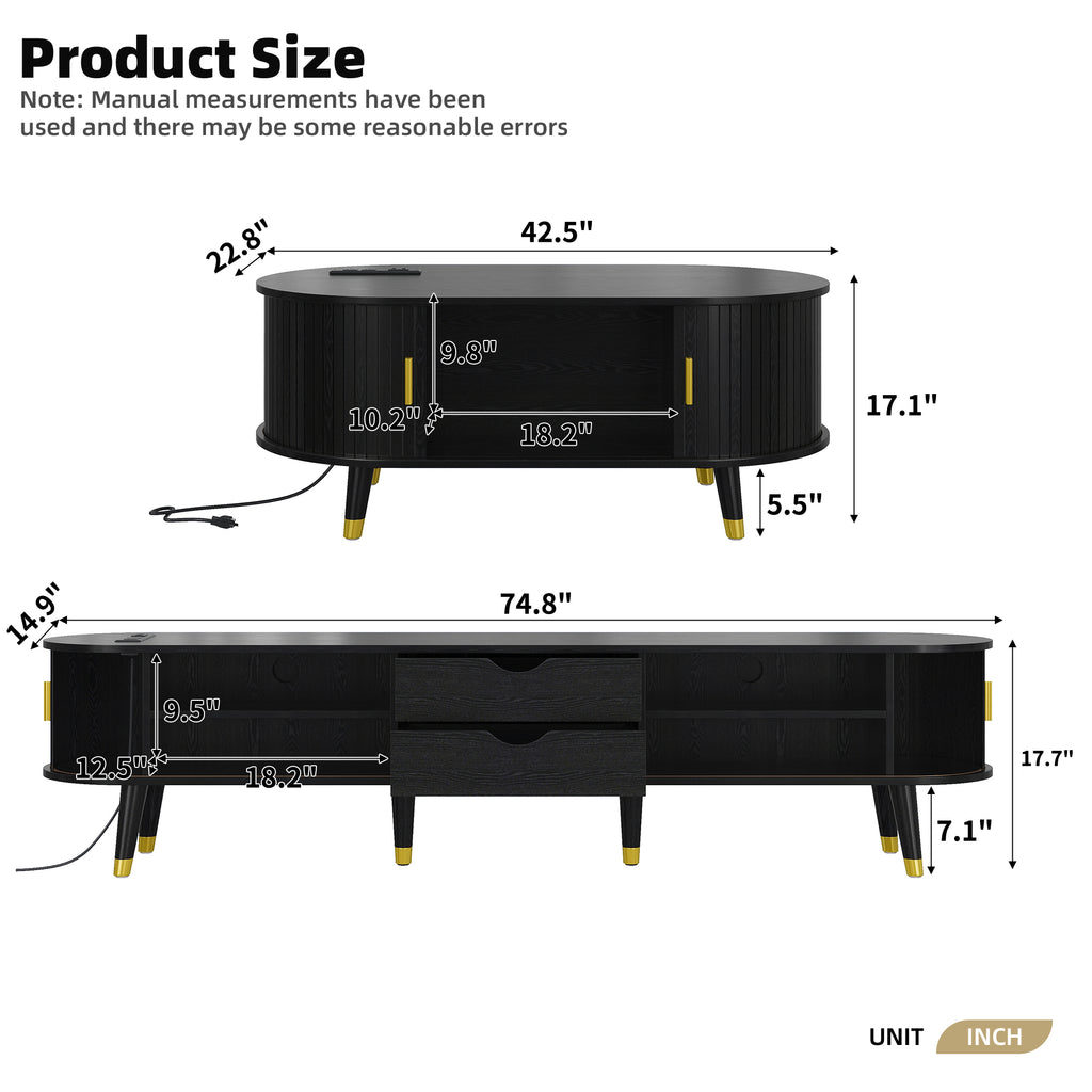 Wooden Farmhouse TV Stand & Coffee Table Set with Charging Station, Oval Fluted Media Console with Sliding Doors for TVs up to 80', Mid-Century Center Table with Solid Wood Legs for Living Room,Black