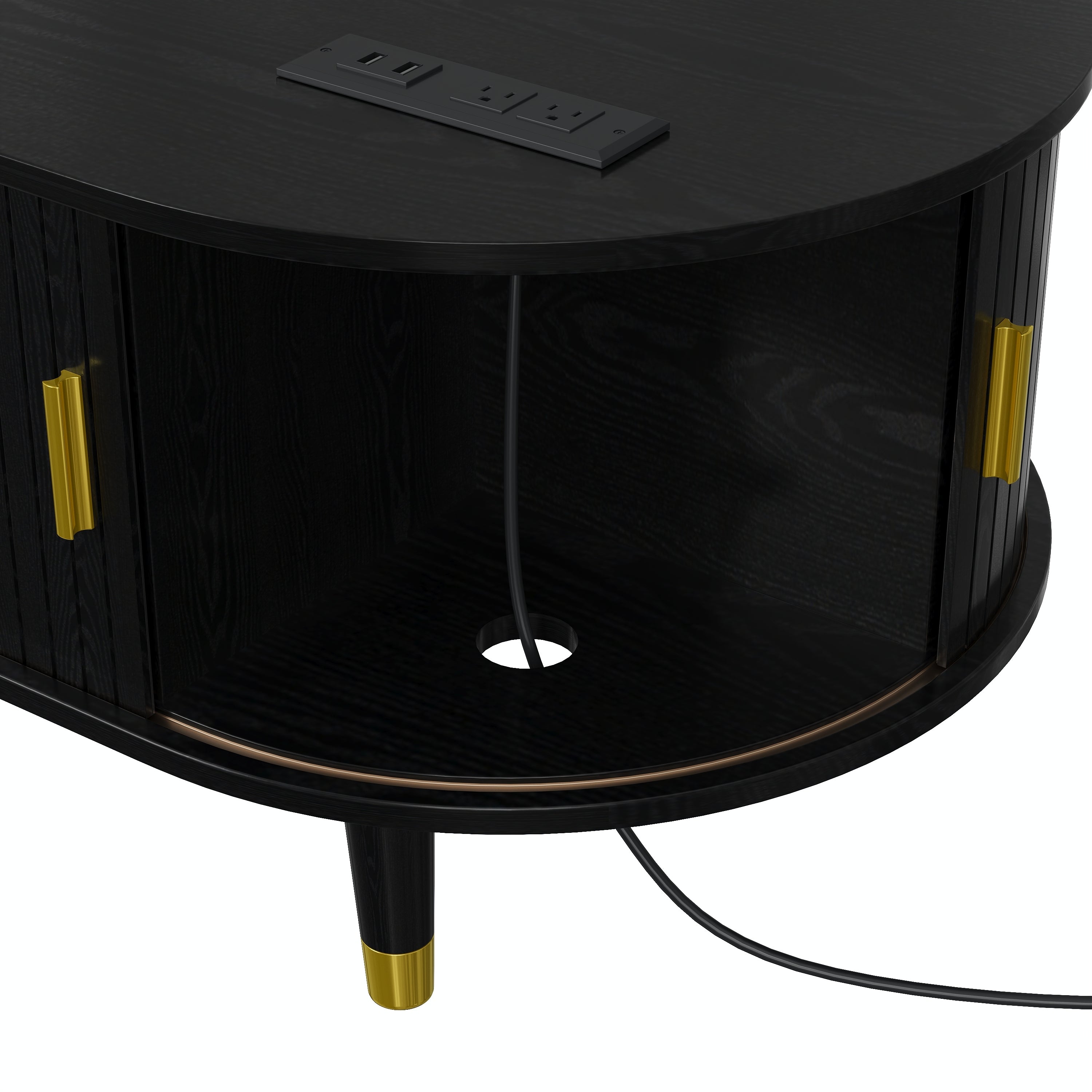 [Assembly Video] 42.5'W Wooden Oval Fluted Coffee Table with Charging Station, Mid-Century Center Table with Sliding Tambour Door,Farmhouse Cocktail Table with Solid Wood Legs for Living Room, Black