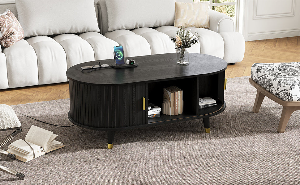 [Assembly Video] 42.5'W Wooden Oval Fluted Coffee Table with Charging Station, Mid-Century Center Table with Sliding Tambour Door,Farmhouse Cocktail Table with Solid Wood Legs for Living Room, Black
