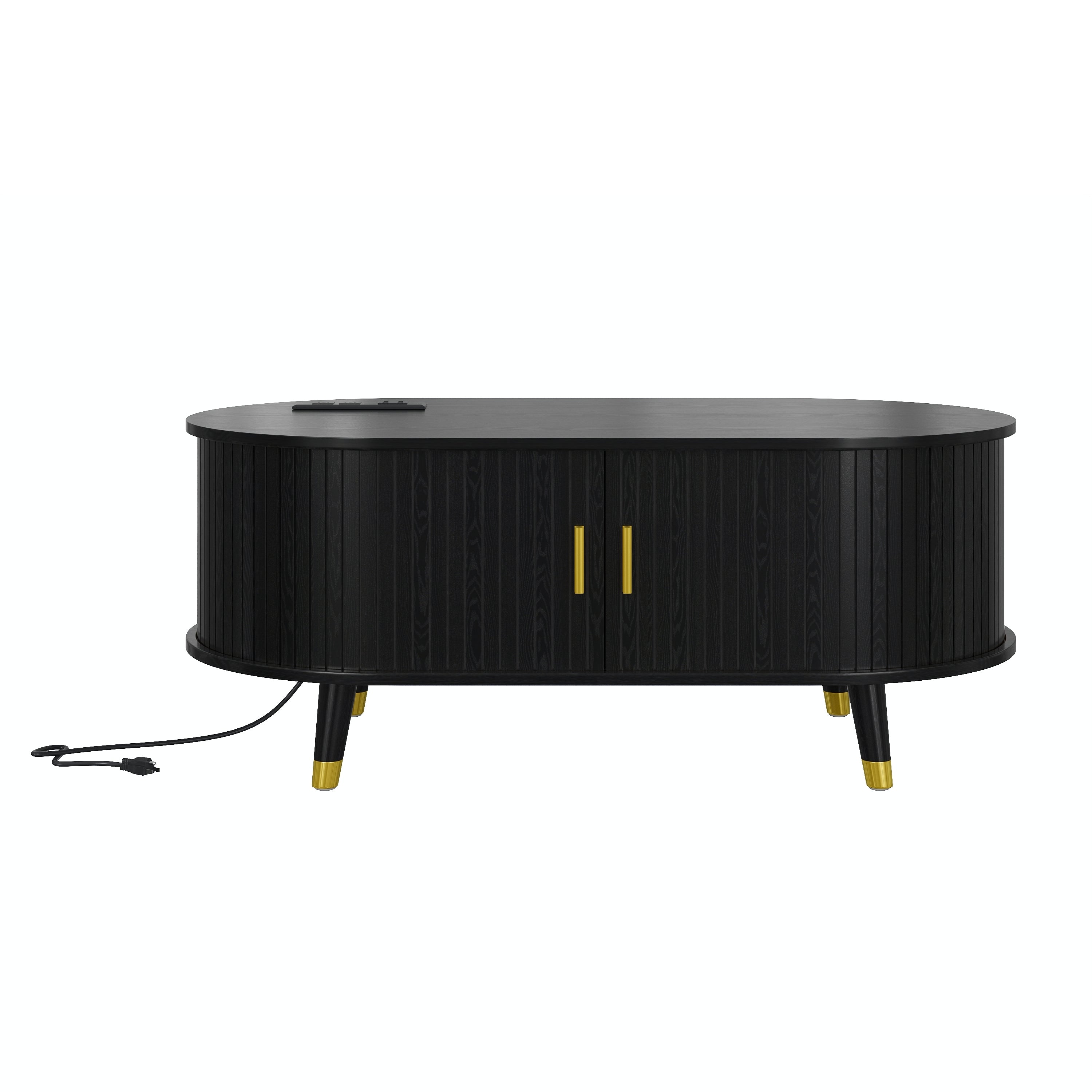 [Assembly Video] 42.5'W Wooden Oval Fluted Coffee Table with Charging Station, Mid-Century Center Table with Sliding Tambour Door,Farmhouse Cocktail Table with Solid Wood Legs for Living Room, Black