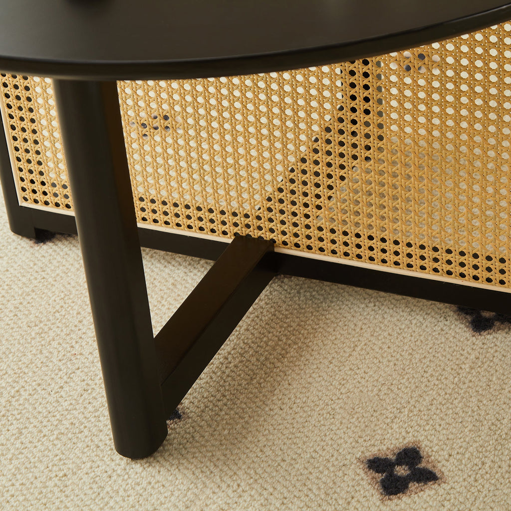 Mid-century wooden coffee table with PE cane stand, 31.5-inch round solid wood Bohemian style coffee table, unique central cocktail table for living rooms, apartments and offices