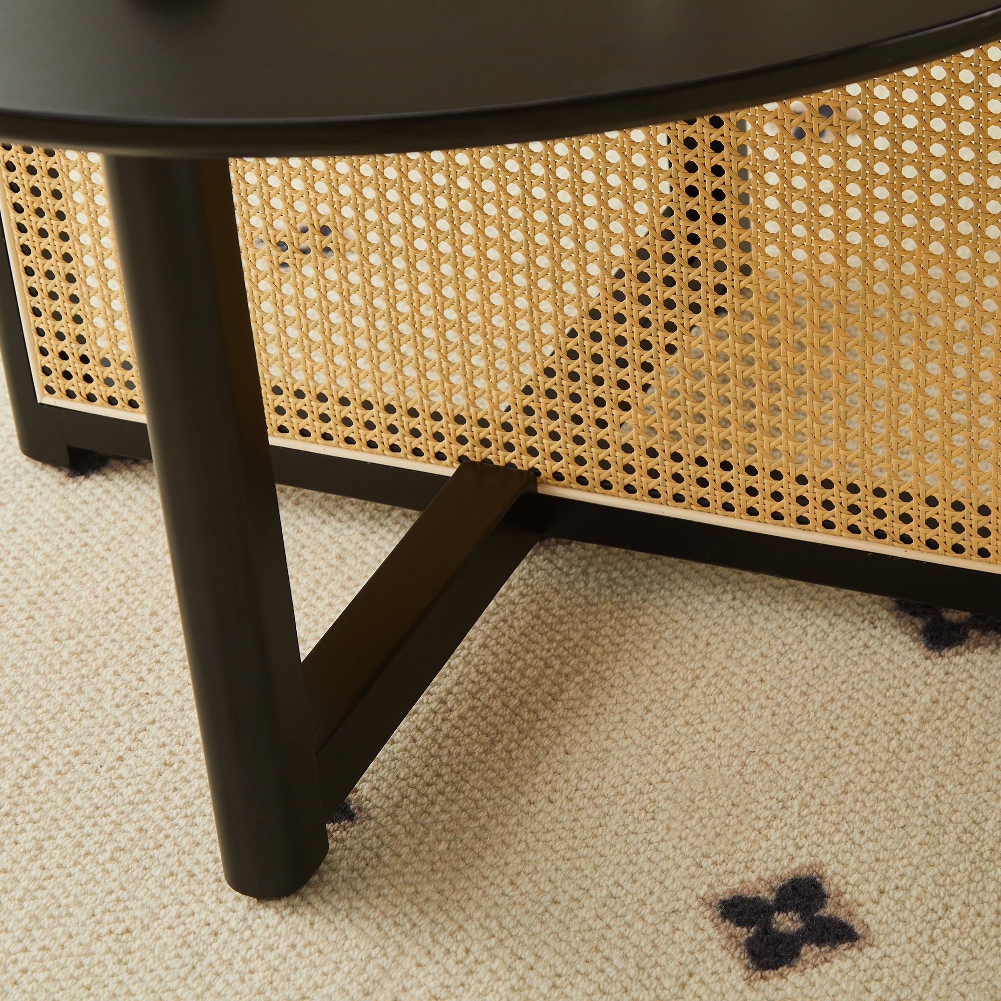 Mid-century wooden coffee table with PE cane stand, 31.5-inch round solid wood Bohemian style coffee table, unique central cocktail table for living rooms, apartments and offices