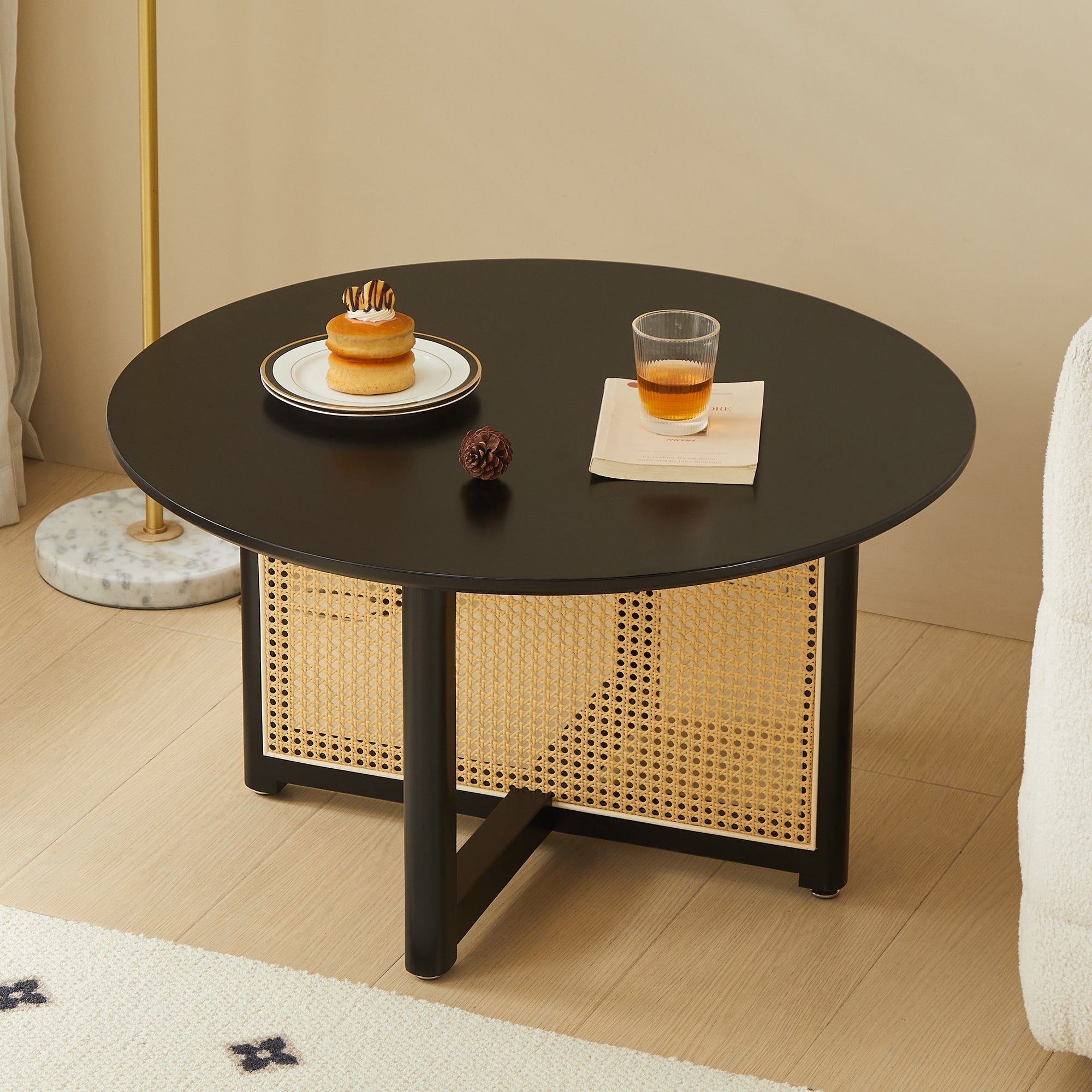 Mid-century wooden coffee table with PE cane stand, 31.5-inch round solid wood Bohemian style coffee table, unique central cocktail table for living rooms, apartments and offices