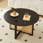 Mid-century wooden coffee table with PE cane stand, 31.5-inch round solid wood Bohemian style coffee table, unique central cocktail table for living rooms, apartments and offices