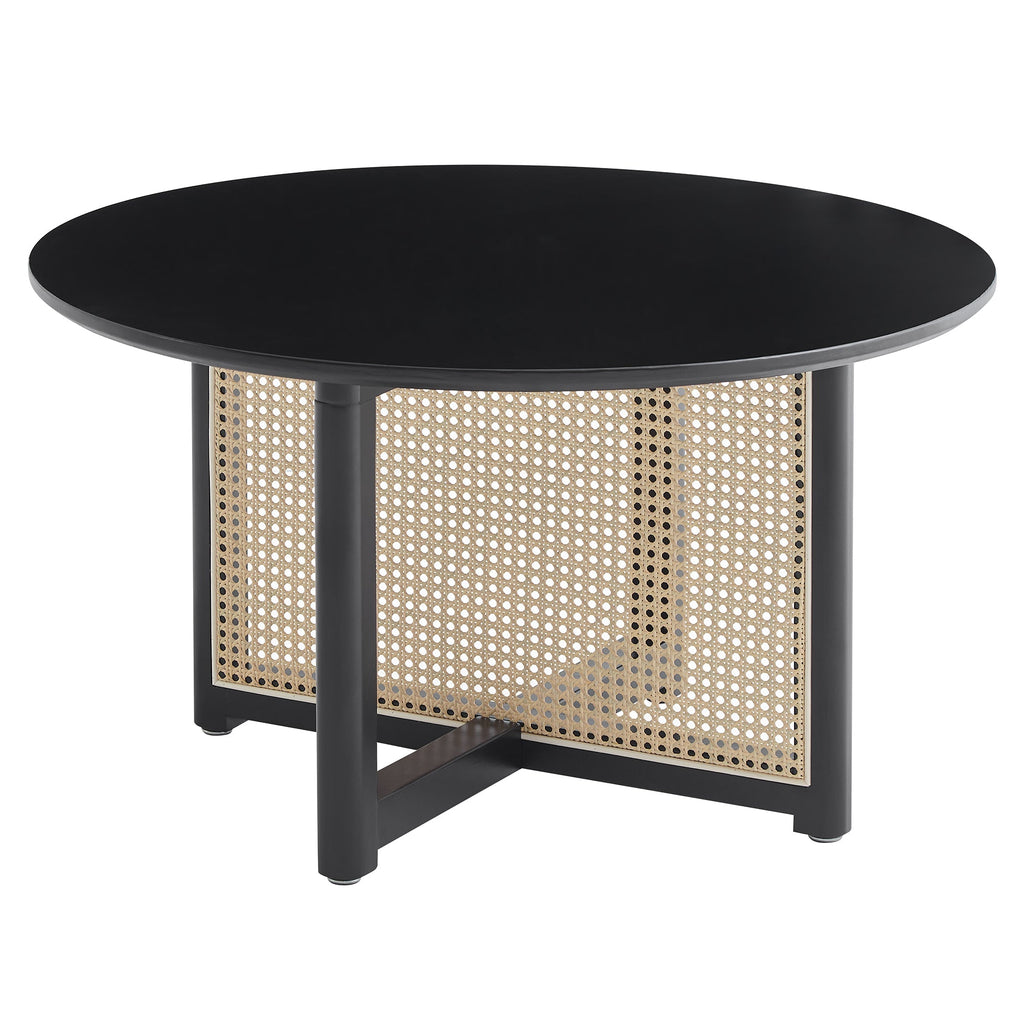 Mid-century wooden coffee table with PE cane stand, 31.5-inch round solid wood Bohemian style coffee table, unique central cocktail table for living rooms, apartments and offices