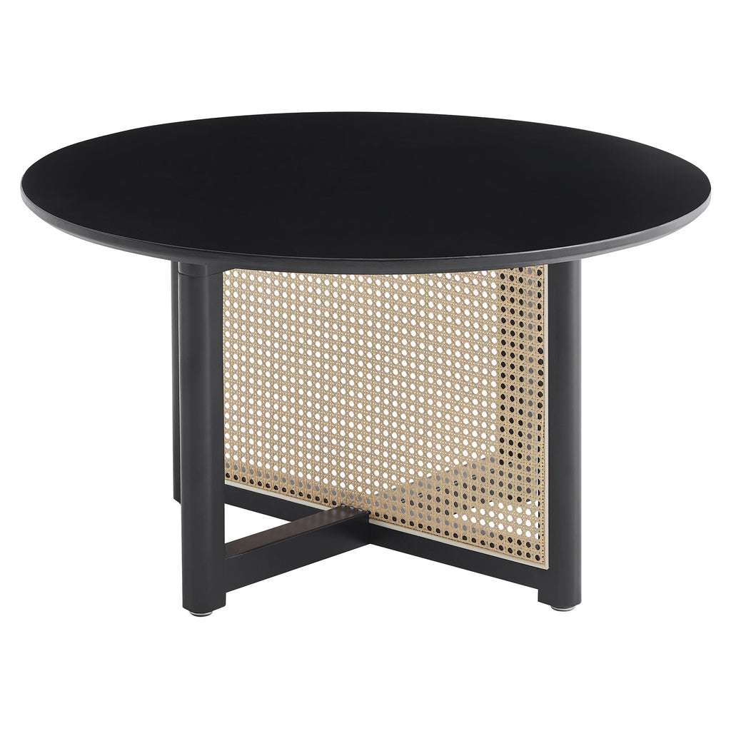 Mid-century wooden coffee table with PE cane stand, 31.5-inch round solid wood Bohemian style coffee table, unique central cocktail table for living rooms, apartments and offices