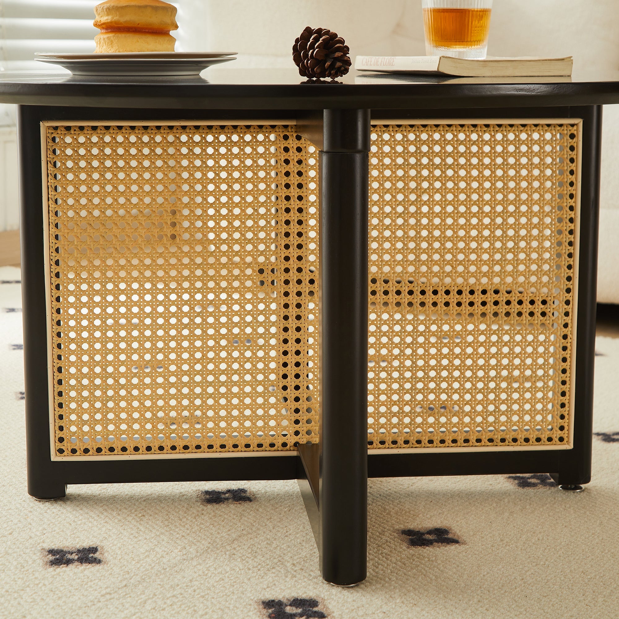 Mid-century wooden coffee table with PE cane stand, 31.5-inch round solid wood Bohemian style coffee table, unique central cocktail table for living rooms, apartments and offices