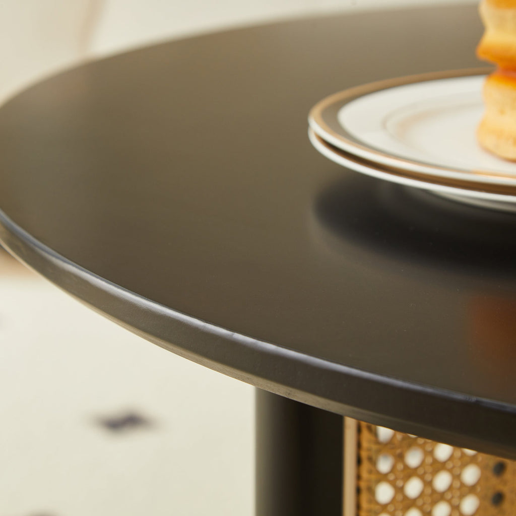 Mid-century wooden coffee table with PE cane stand, 31.5-inch round solid wood Bohemian style coffee table, unique central cocktail table for living rooms, apartments and offices