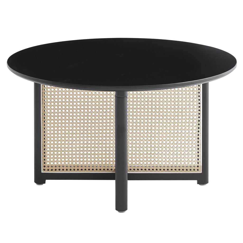 Mid-century wooden coffee table with PE cane stand, 31.5-inch round solid wood Bohemian style coffee table, unique central cocktail table for living rooms, apartments and offices