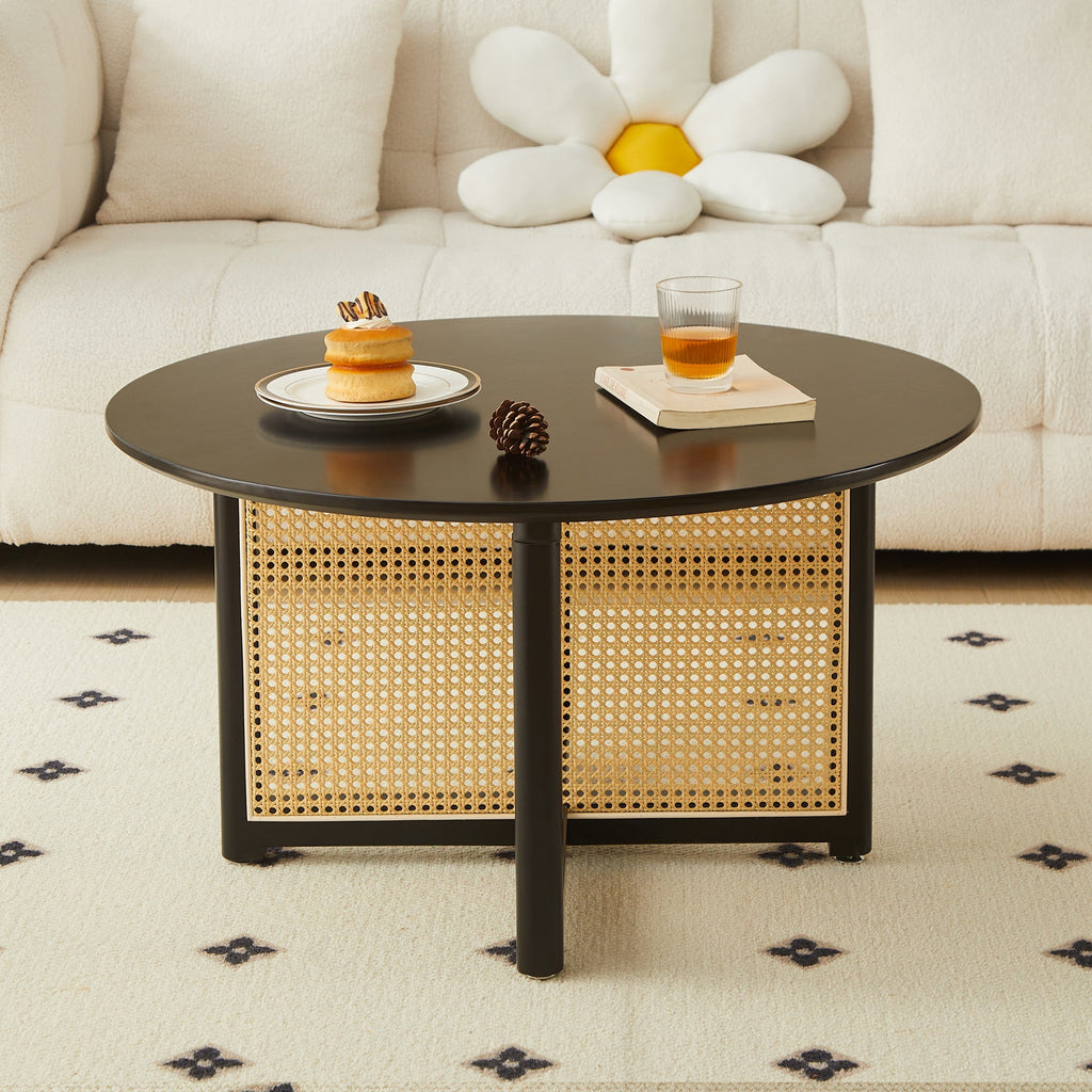 Mid-century wooden coffee table with PE cane stand, 31.5-inch round solid wood Bohemian style coffee table, unique central cocktail table for living rooms, apartments and offices