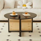 Mid-century wooden coffee table with PE cane stand, 31.5-inch round solid wood Bohemian style coffee table, unique central cocktail table for living rooms, apartments and offices