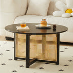 Mid-century wooden coffee table with PE cane stand, 31.5-inch round solid wood Bohemian style coffee table, unique central cocktail table for living rooms, apartments and offices